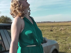 Milf Beautiful Sexy Blonde Outdoors On River Bank Washes Car Without Panties And Bra Under Dress. No Panties In Public